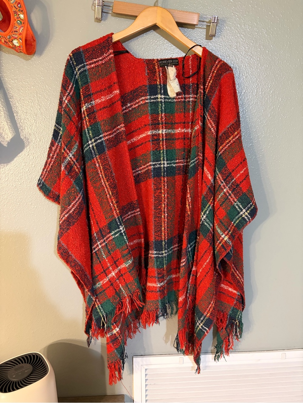 Forever 21 Red Green Plaid Fringe Cape